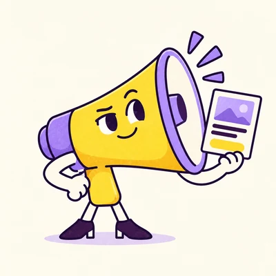A playful megaphone character showing off an ad concept.