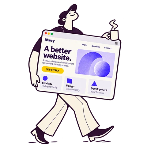 A walking character carries a finished website and a cup of coffee.