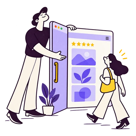 A character opens a website like a welcoming door for a visitor.