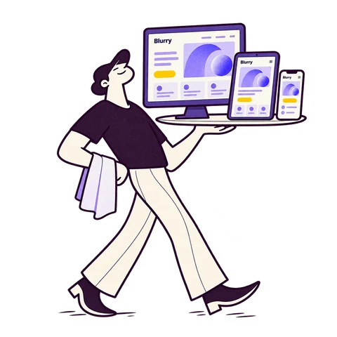 A character balances a desktop monitor, tablet and phone showing the same website.