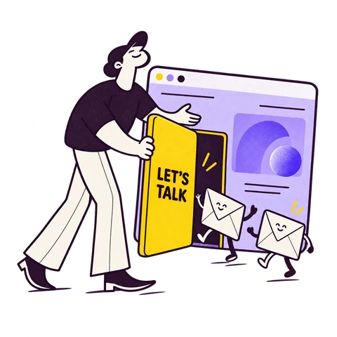 A character holds open a yellow contact-button door for two cheerful envelopes.