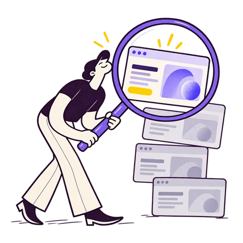 A character finds a website among search results with a giant magnifying glass.