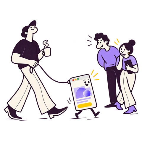 A character walks a playful advertising poster towards interested customers.