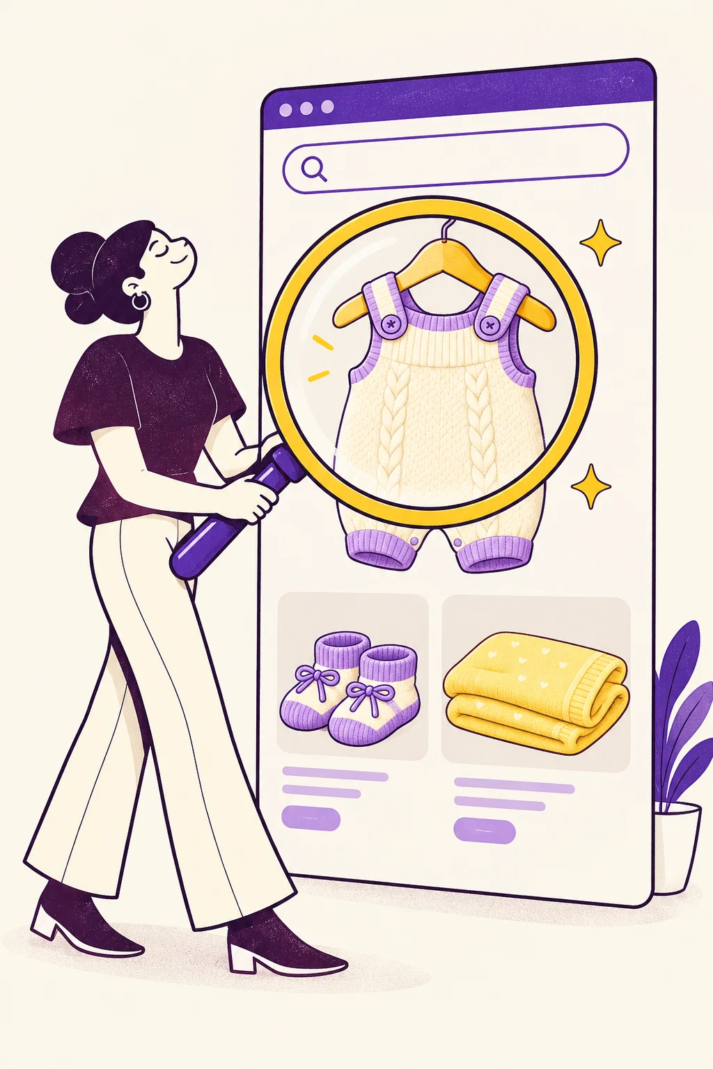 A Blurry character brings Lavendersun's baby clothes into focus through a magnifying glass on an online store.