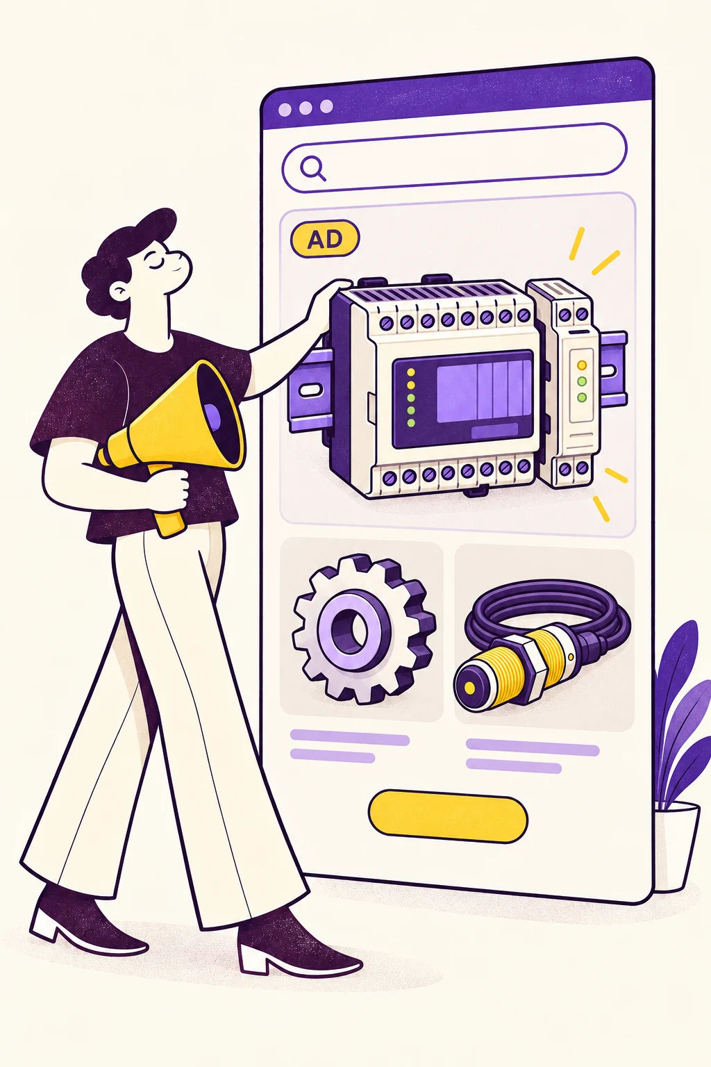 A Blurry character uses a megaphone to promote PLC World's industrial hardware in a search ad.