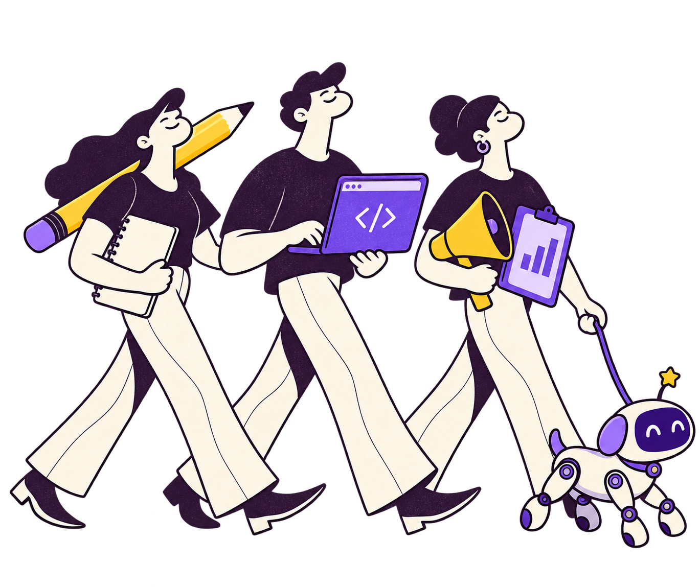 A content writer, web developer and digital marketer walking together with their AI robot pet on a leash